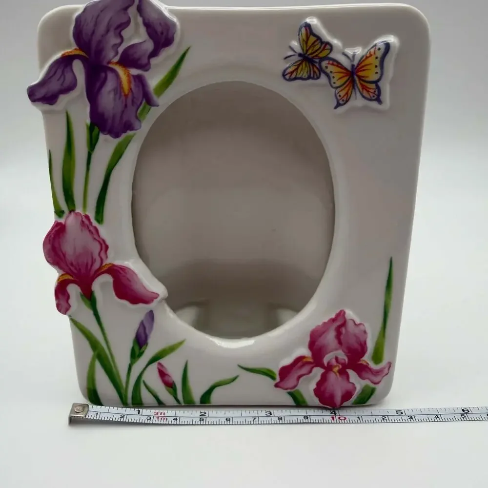 Vintage 3D Porcelain Tabletop Photo Frame Pink Purple Iris Flowers Butterflies